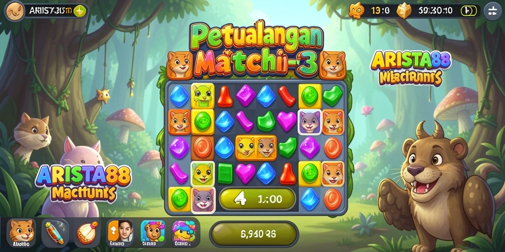 Screenshot ARISTA88 menampilkan aksi gameplay Match-3 yang seru dan penuh warna.