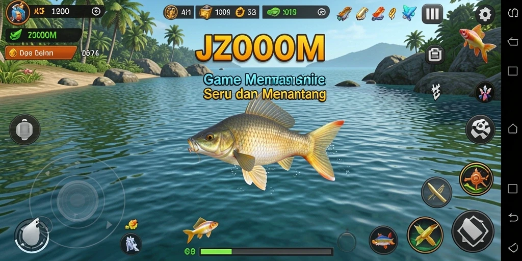 Tampilan gameplay J200M dengan momen menangkap ikan yang epic.