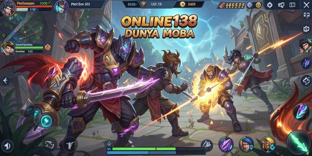 Tangkapan layar permainan ONLINE138 menampilkan aksi seru di arena MOBA.