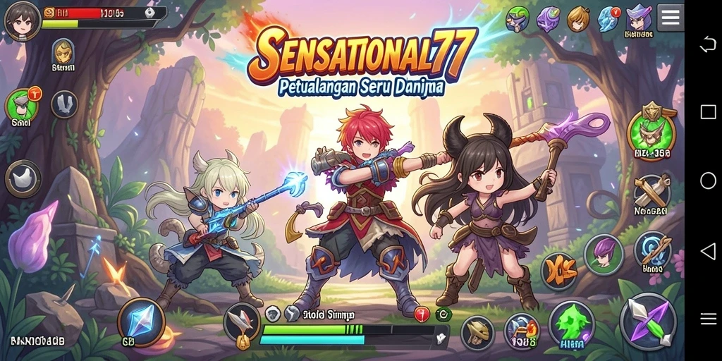 Tampilan gameplay menakjubkan dari SENSATIONAL77 yang penuh warna dan karakter menarik.
