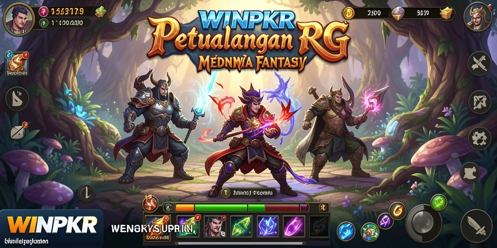 Screenshot gameplay WINPKR menunjukkan pertarungan epik dan eksplorasi dunia yang luas.
